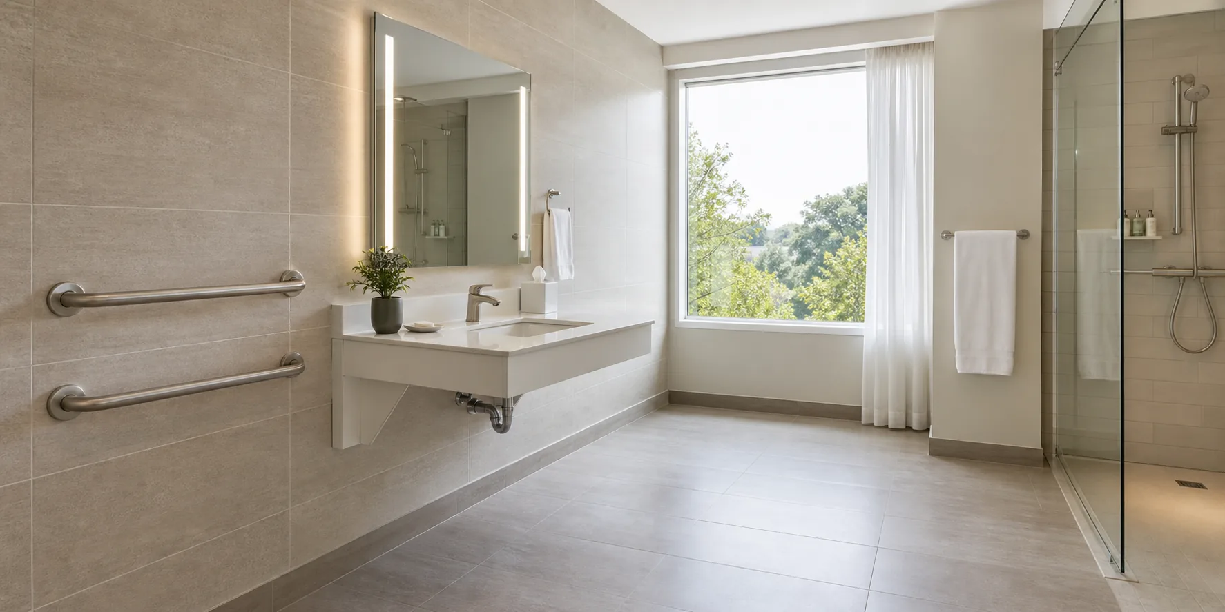 Accessible hotel bathroom with wall-mounted grab bars coordinated next to the vanity