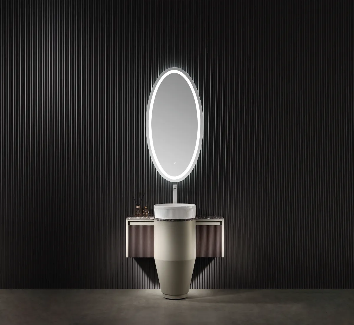 LD-5333 Art Deco Pedestal Bathroom Vanity with Gold Vessel Basin & Oval LED Mirr