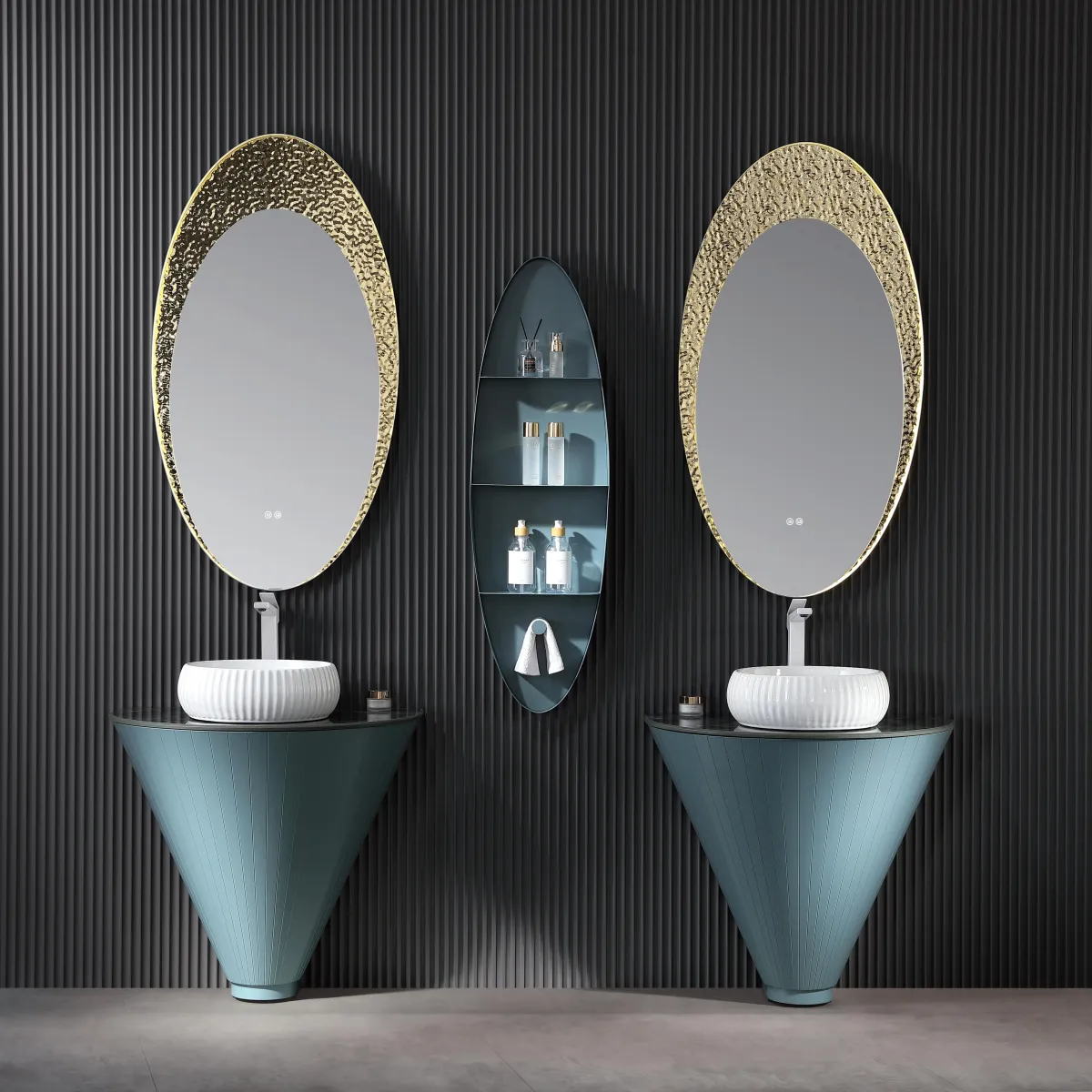 LD-5330 Artistic Freestanding Double Vanity with Teal Conical Pedestals & Oval D