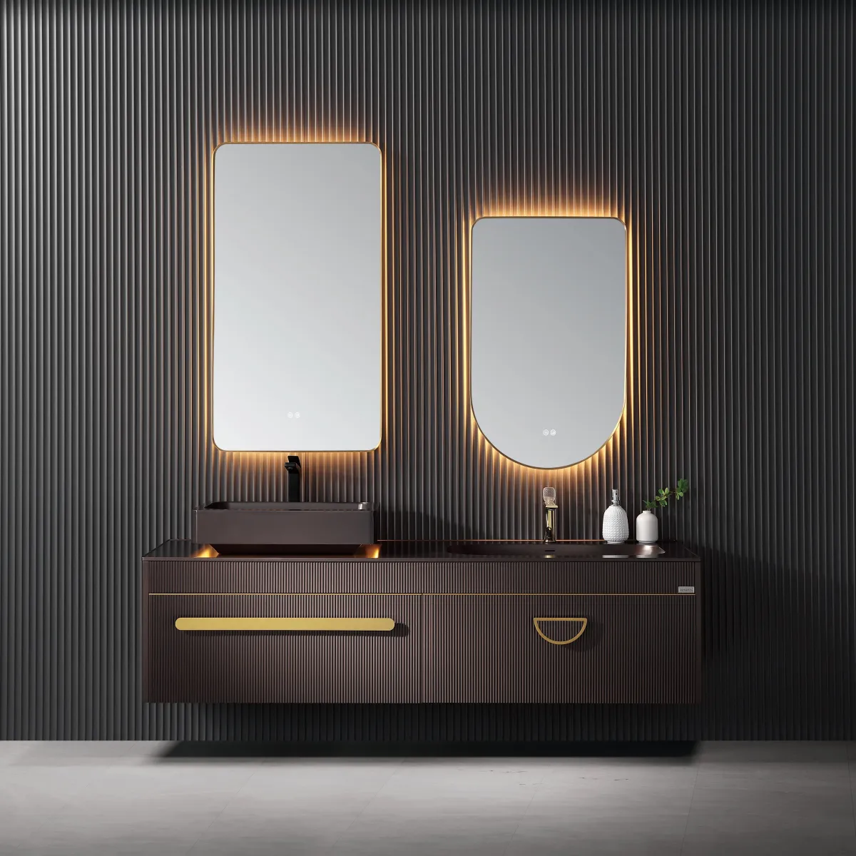 LD-5323 Asymmetric Floating Bathroom Vanity with Copper Accents & Mixed Mirror S