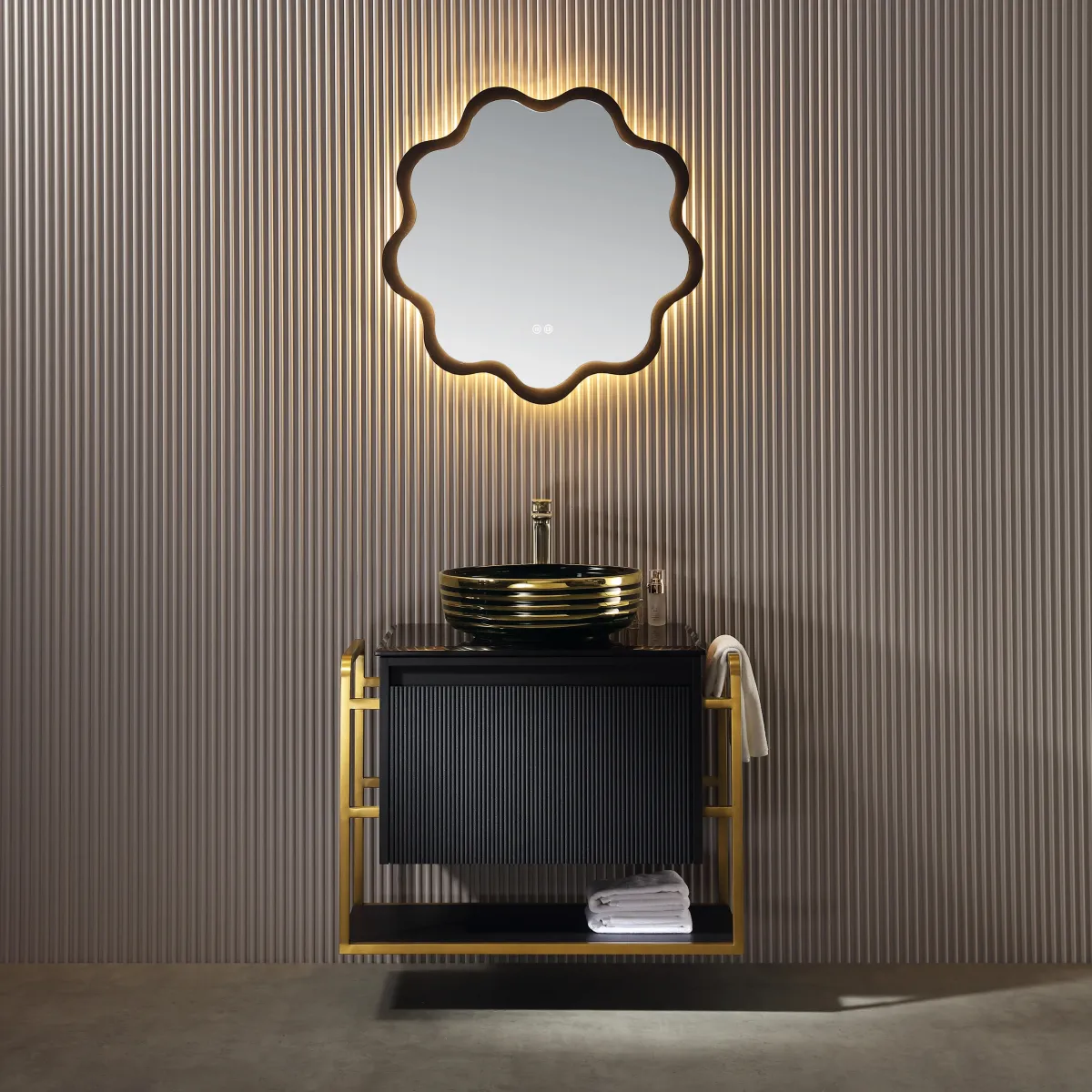 LD-5335 Compact Wall-Mounted Bathroom Vanity with Gold Frame Open Shelf & Flower