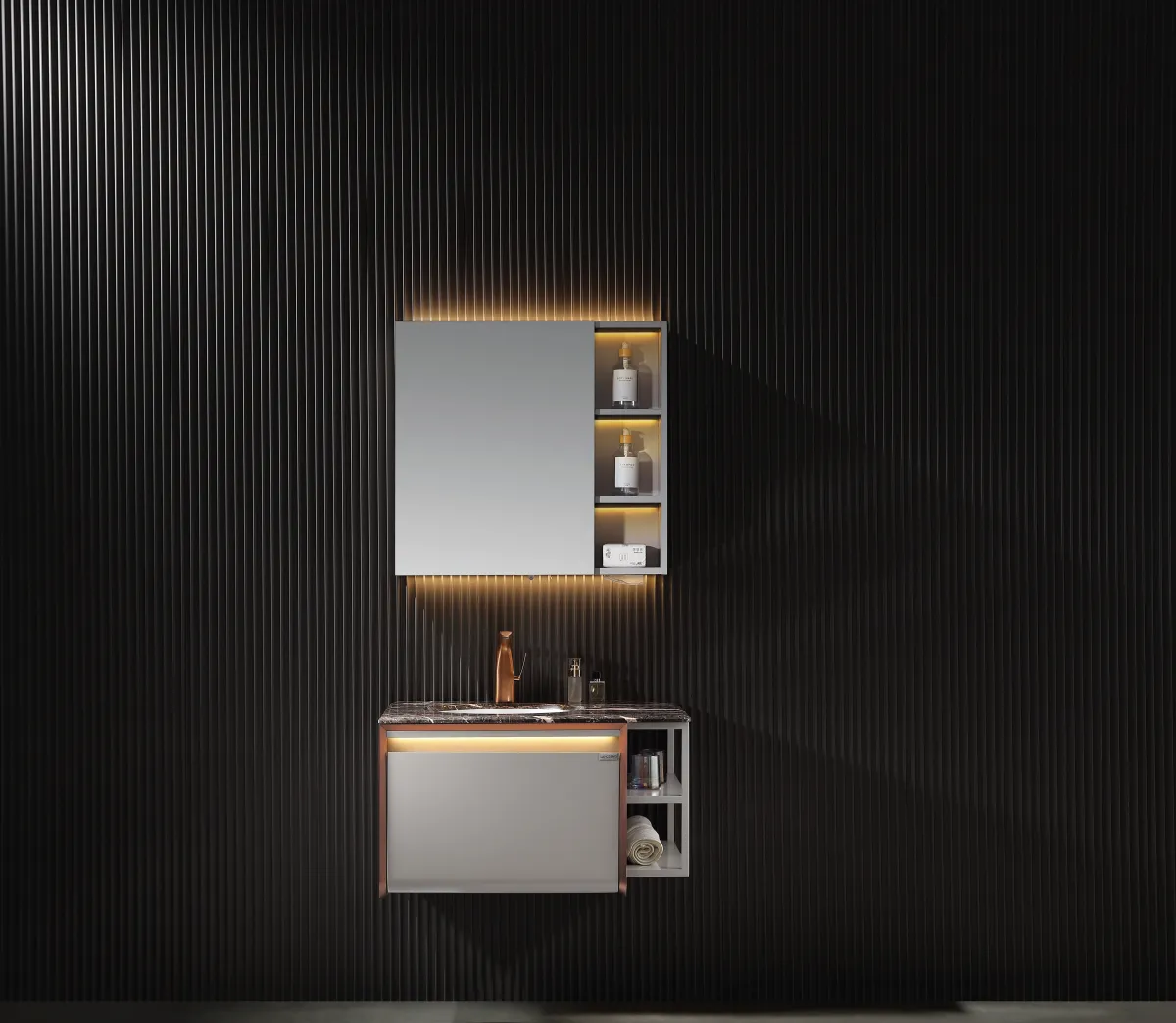 LD-5318 Compact Bathroom Vanity with Grey Finish & LED Mirror Cabinet with Open 