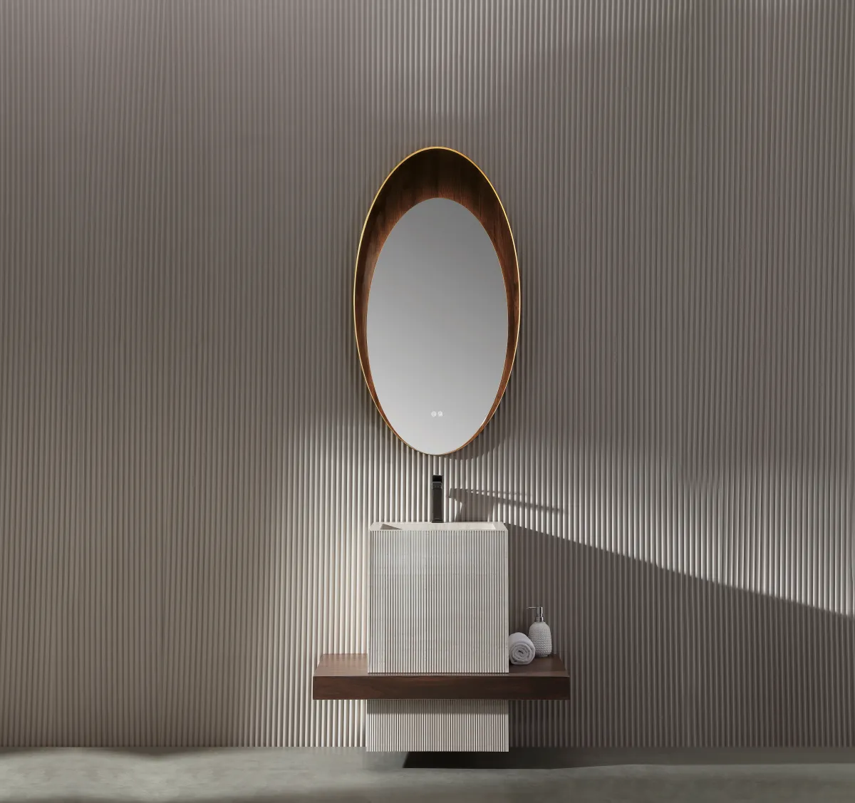 LD-5350 Compact Wall-Mounted Bathroom Vanity with Travertine Look & Wooden Base 