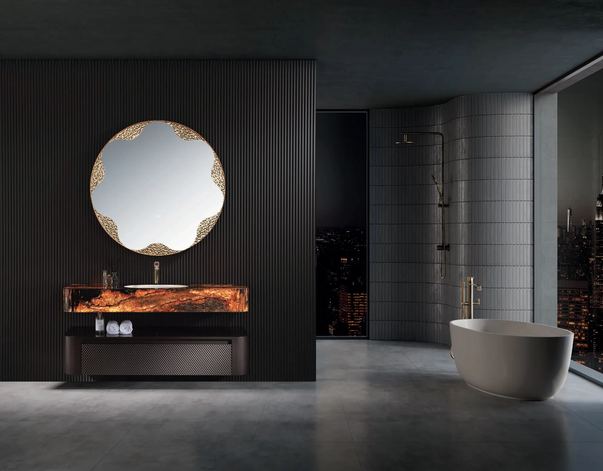 LD-5305 Compact Wall-Mounted Bathroom Vanity with Half-Moon LED Mirror & Side Sh