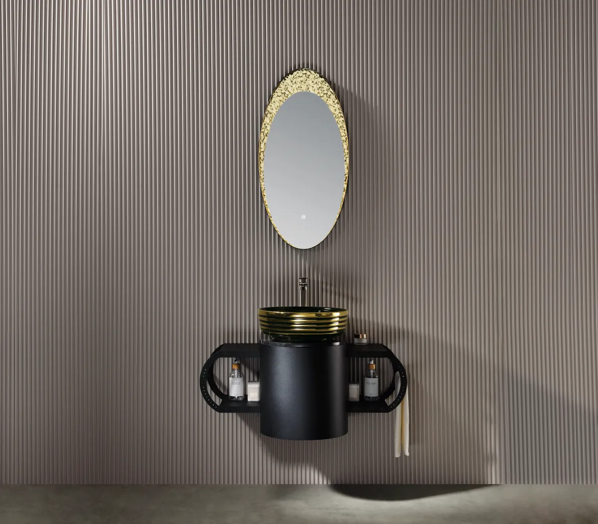 LD-5331 Compact Wall-Mounted Vanity with Cylindrical Vessel Basin & Oval Decorat