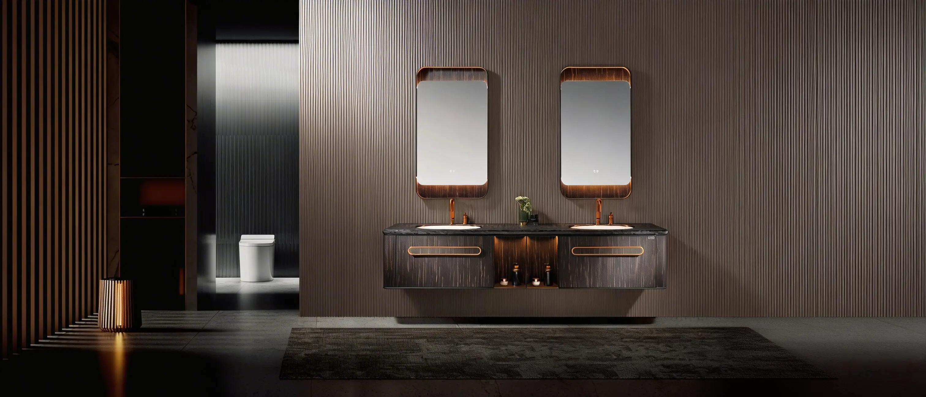 LD-5302 Double Sink Floating Bathroom Vanity with Dark Wood & Copper Accents