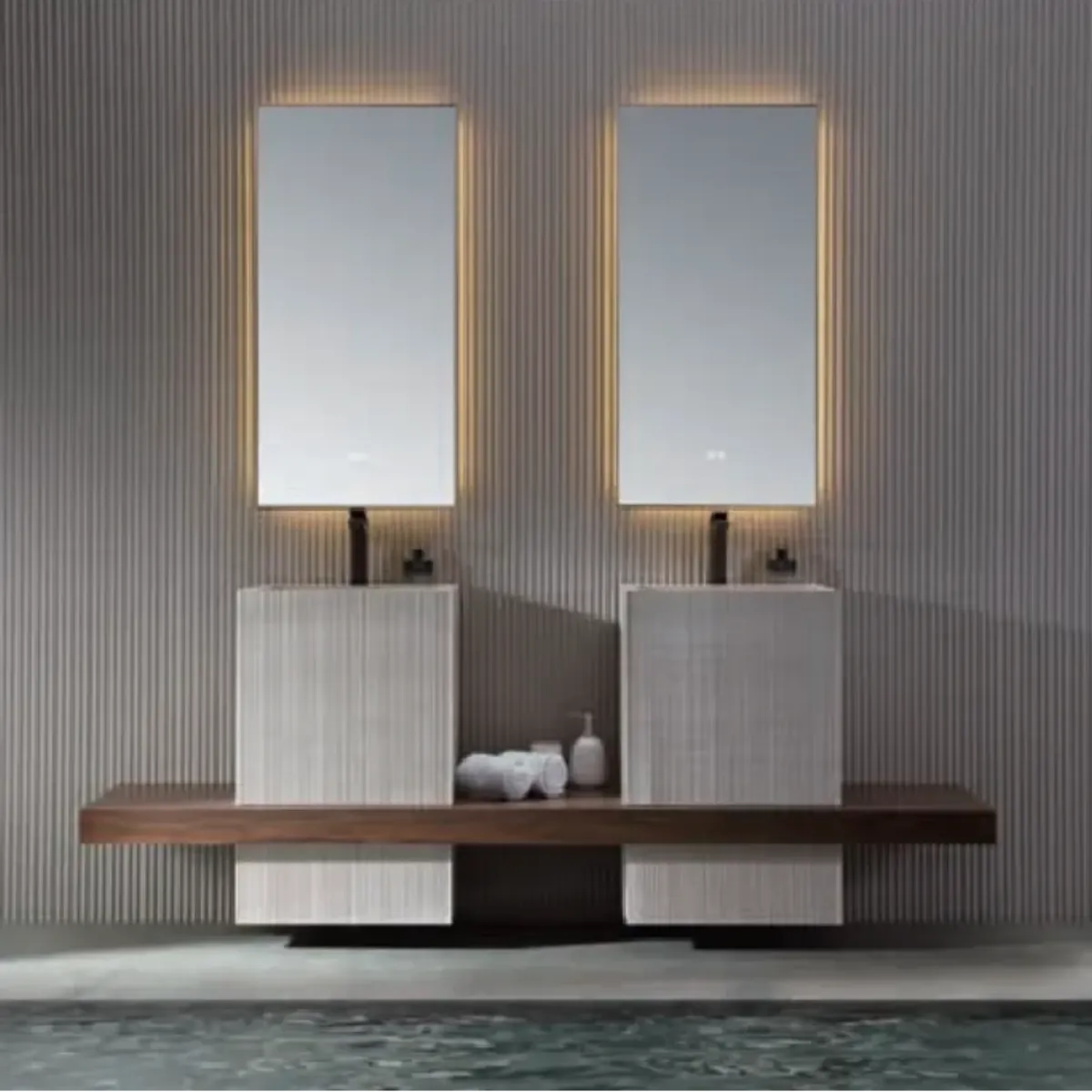 LD-5351 Double Sink Wall-Mounted Bathroom Vanity with Dual Column Cabinets & Woo