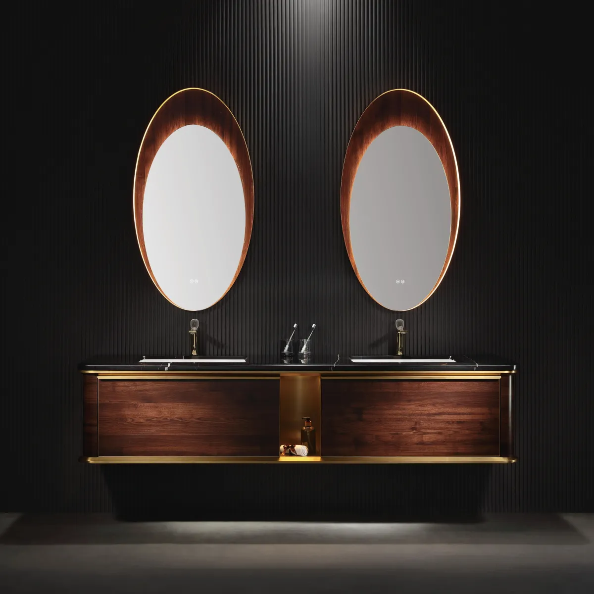 LD-5303 Double Sink Wall-Mounted Bathroom Vanity with Natural Walnut & Dual Oval