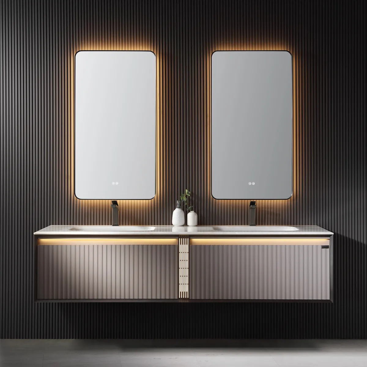 LD-5317 Double Sink Wall-Mounted Bathroom Vanity with White Fluted Design & Dual