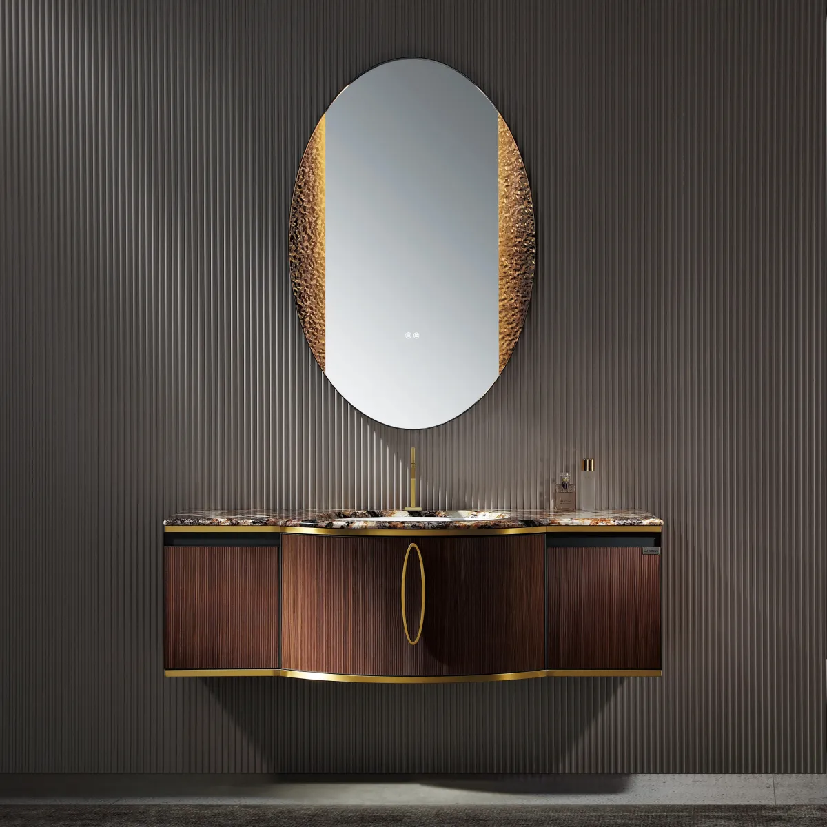 LD-5316 Elegant Curved Bathroom Vanity with Walnut Finish & Gold-Trim Oval LED M