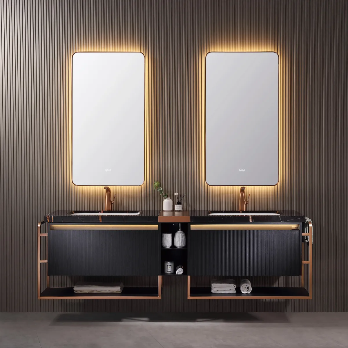 LD-5325 Extra Large Double Sink Bathroom Vanity with Dark Fluted Panels & Open S
