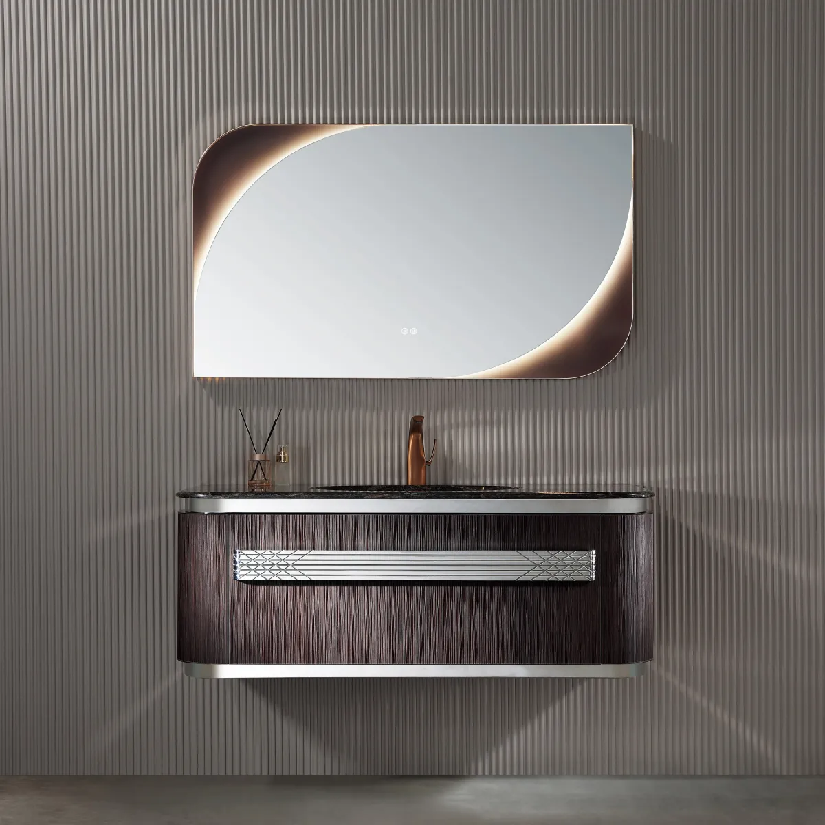 LD-5307 Floating Bathroom Vanity with Dark Walnut Open Shelf & Irregular-Shape L