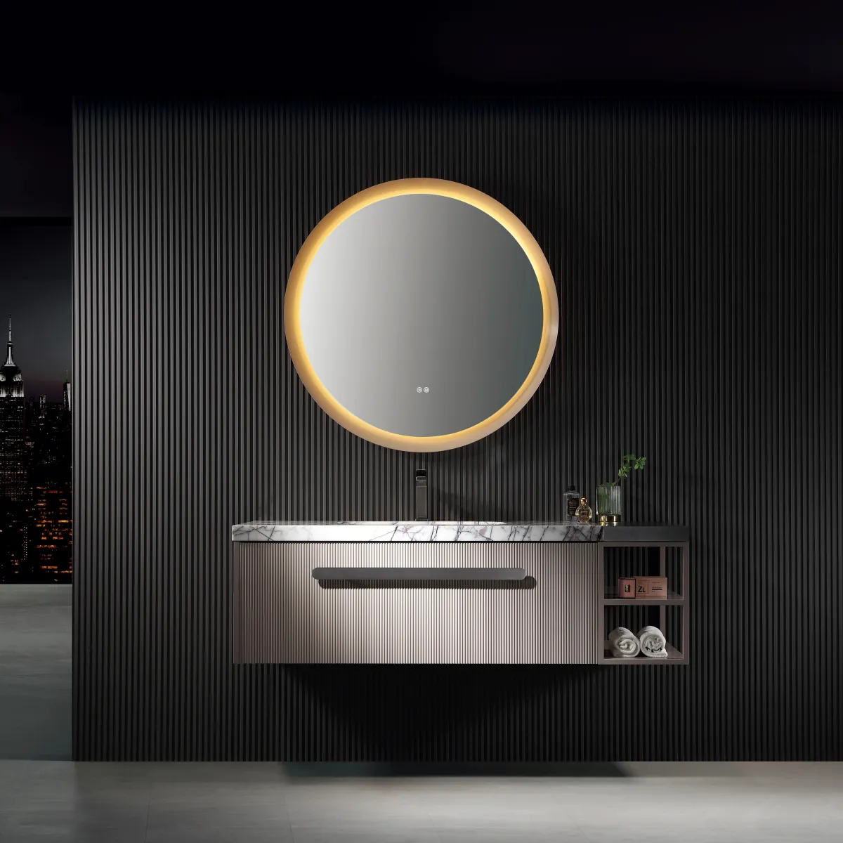 LD-5320 Floating Bathroom Vanity with Silver-Grey Finish & Round Backlit Mirror