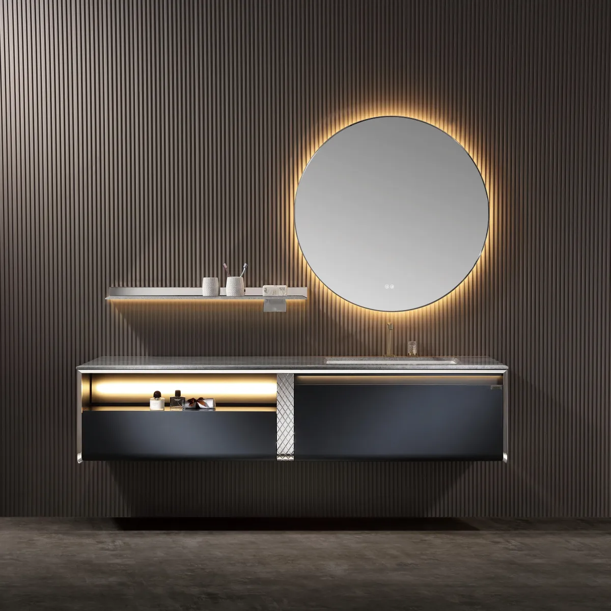 LD-5312 Large Minimalist Bathroom Vanity with Grey Finish & Round Mirror Open Sh