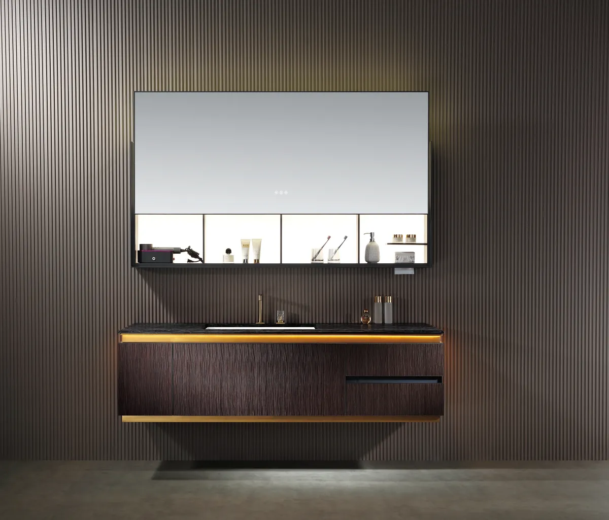 LD-5315 Large Wall-Mounted Bathroom Vanity with Dark Walnut & Illuminated Rectan