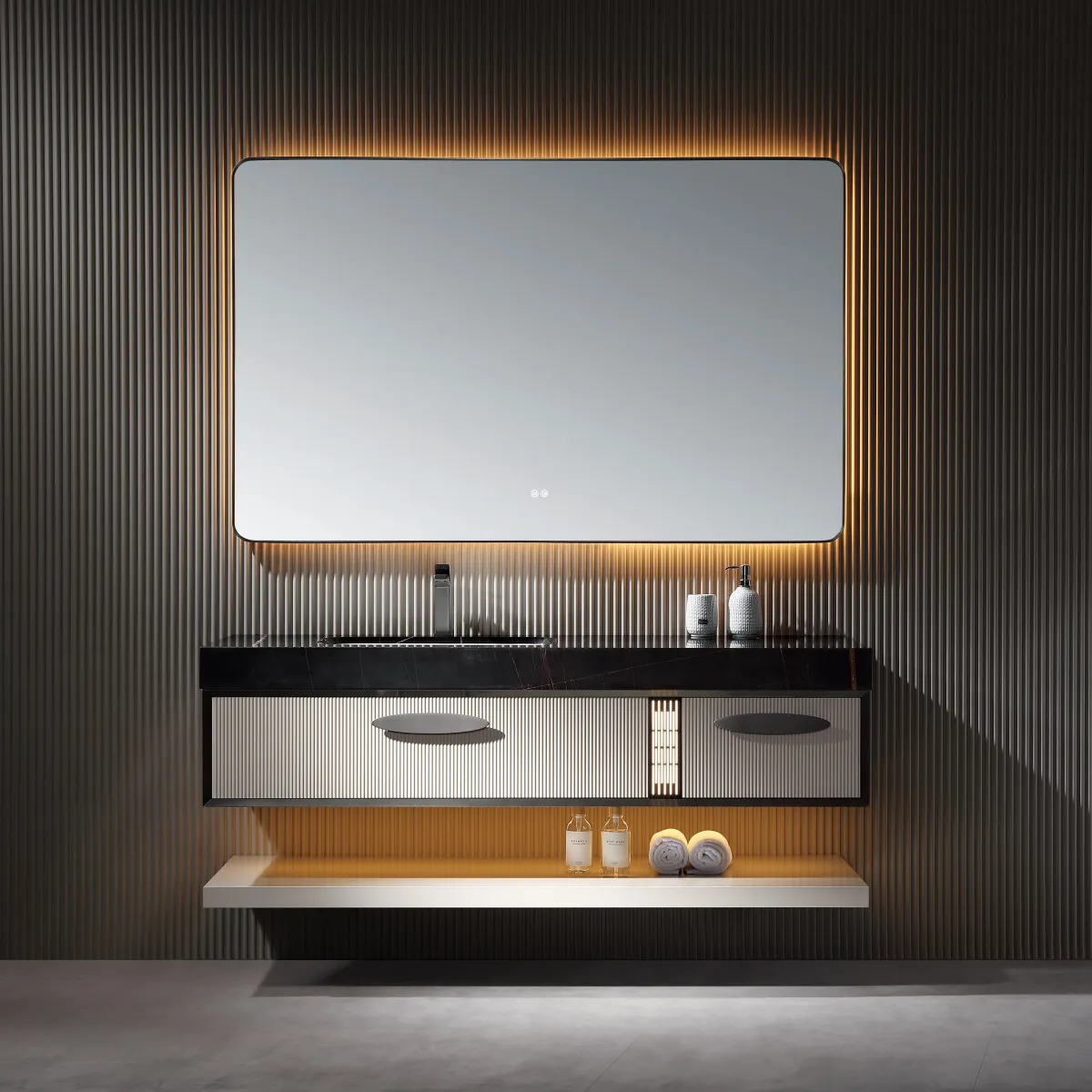 LD-5322 Large Wall-Mounted Bathroom Vanity with Fluted Doors & Side Tower Storag
