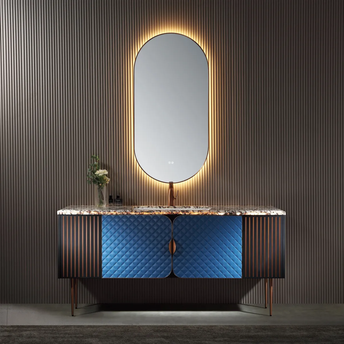 LD-5327 Luxury Freestanding Bathroom Vanity with Blue Diamond Pattern Doors & Ov