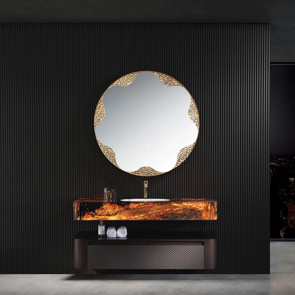 LD-5299 Luxury Two-Tier Wall-Mounted Bathroom Vanity with Mesh Panel & Round Dec