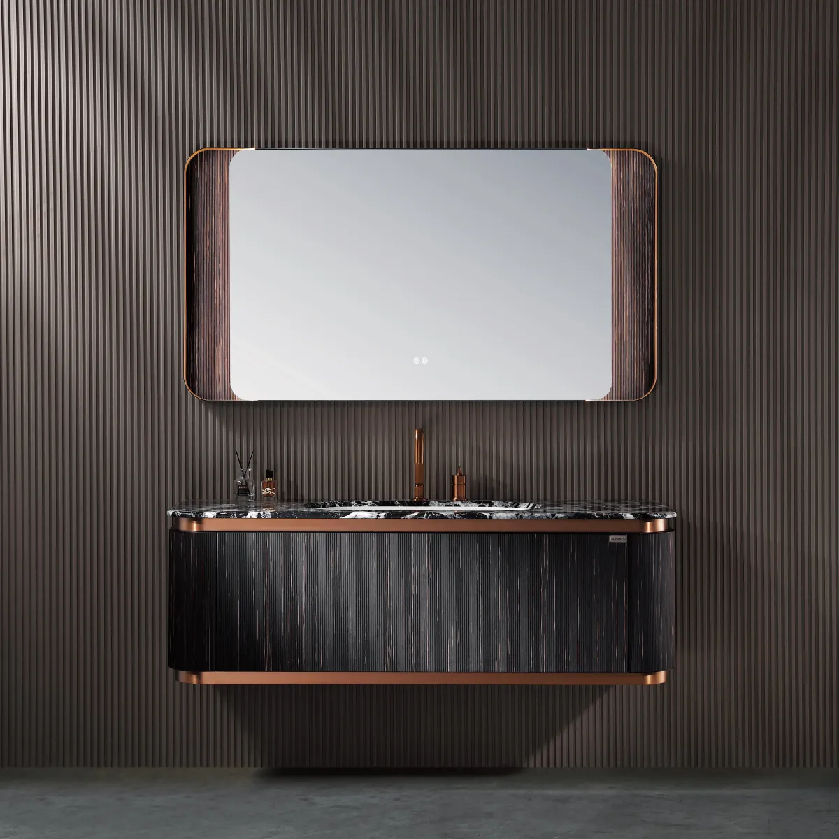 LD-5308 Luxury Wall-Mounted Bathroom Vanity with Black Finish & Copper Frame Mir