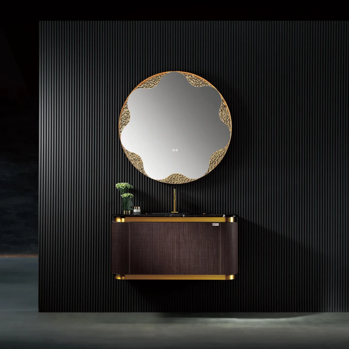 LD-5295 Luxury Wall-Mounted Bathroom Vanity with Dark Walnut Finish & Floral-Edg