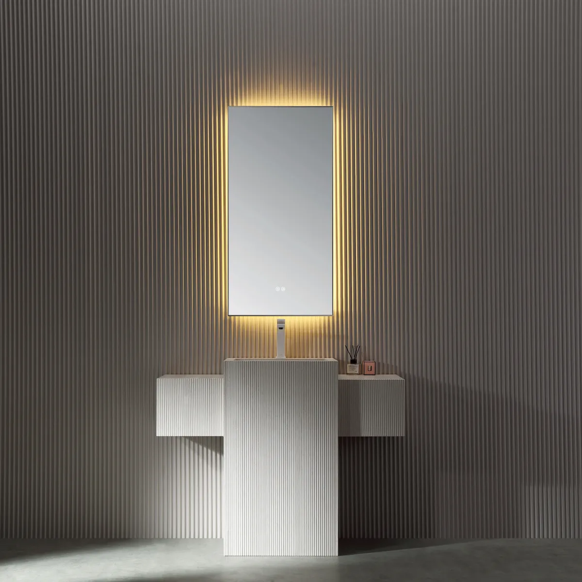 LD-5339 Minimalist Column Pedestal Bathroom Vanity with White Fluted Design & Si