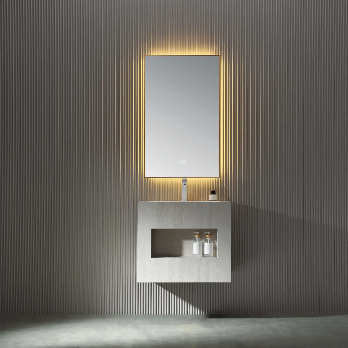 LD-5337 Minimalist Wall-Mounted Bathroom Vanity with Concrete Grey Finish & Nich