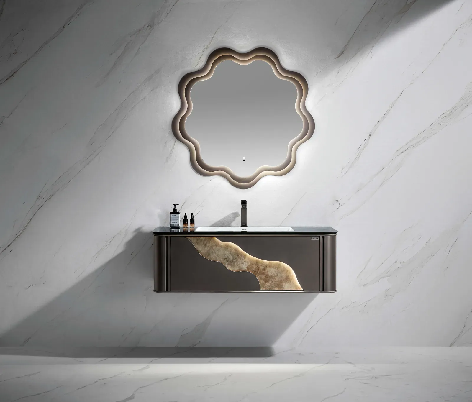 LD-3955 Modern 47" Wall-Mounted Stainless Steel Bathroom Vanity with LED Mirror 