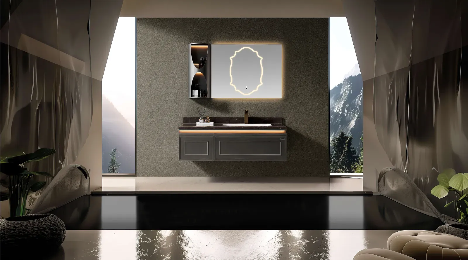 LD-3972 Modern 47" Wall-Mounted Stainless Steel Bathroom Vanity with Marble Top 