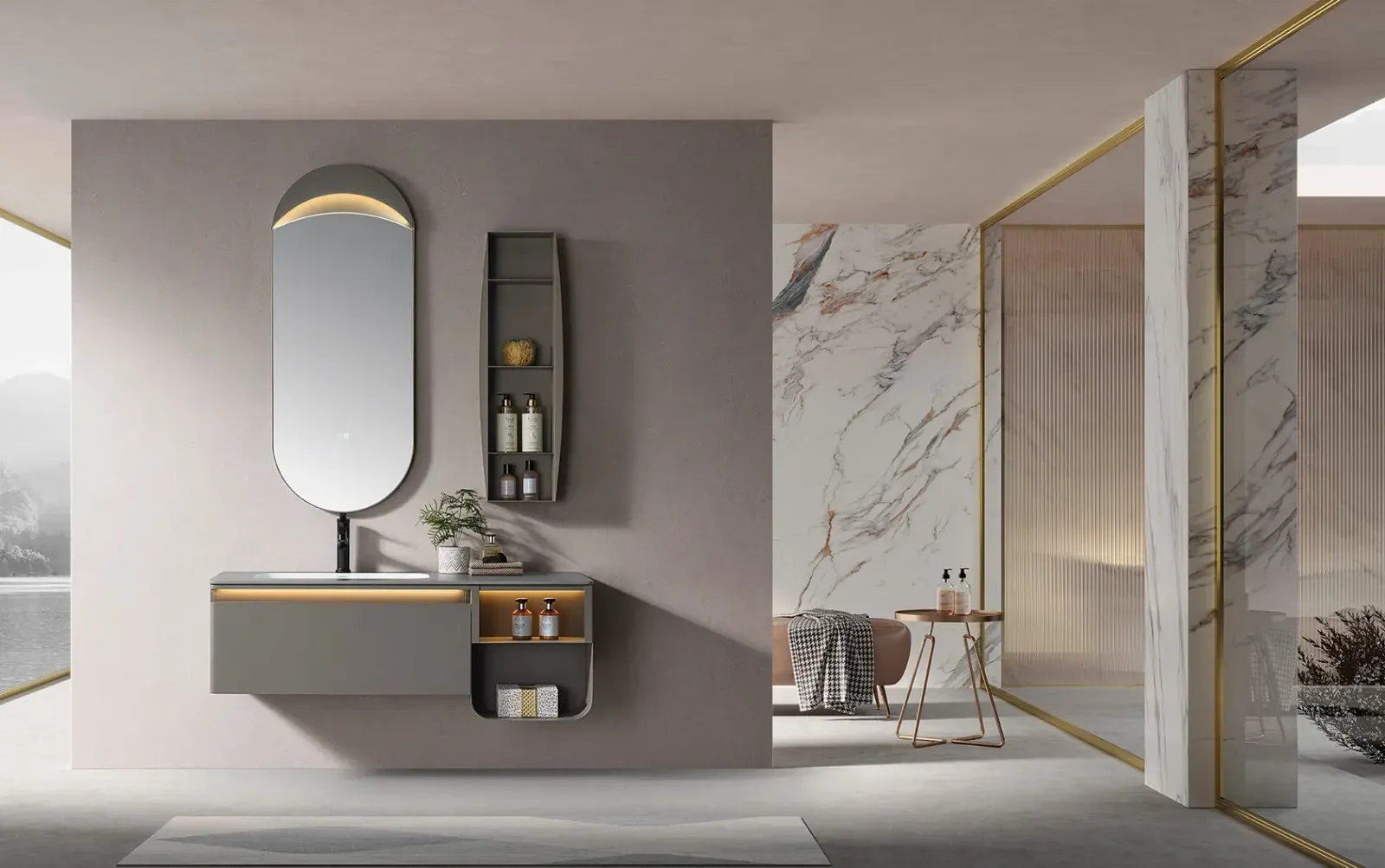 LD-3826 Modern 47" Wall-Mounted Stainless Steel Bathroom Vanity with Sintered St