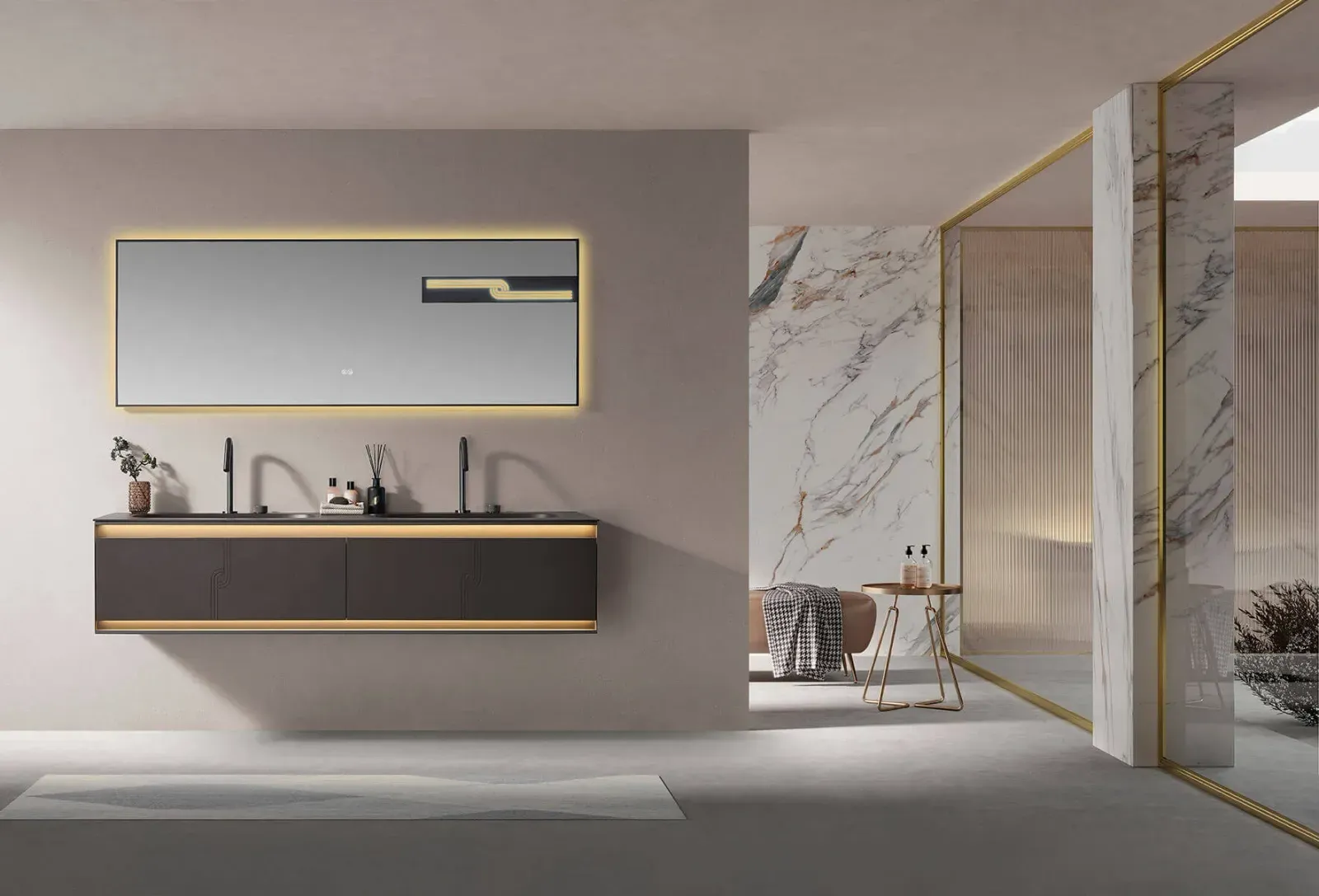 LD-3821 Modern 71" Wall-Mounted Stainless Steel Bathroom Vanity with LED Mirror 