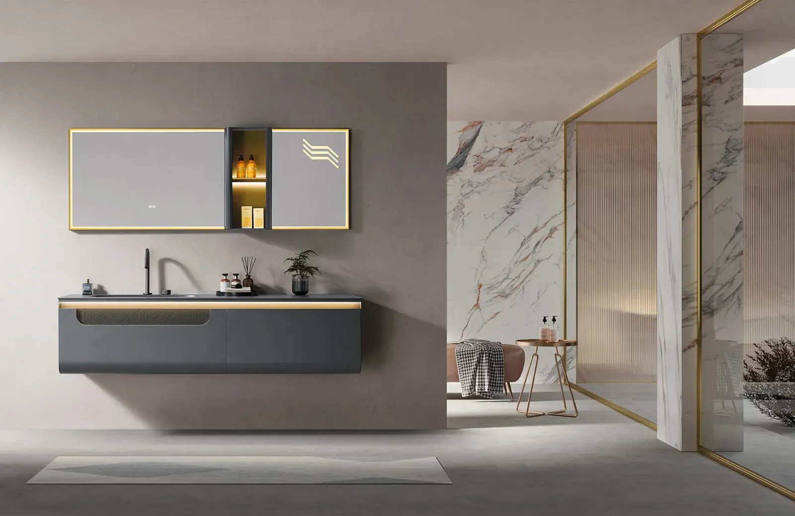 LD-3818 Modern 71" Wall-Mounted Stainless Steel Bathroom Vanity with LED Mirror 