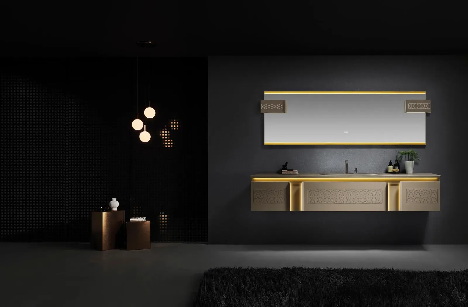 LD-3815 Modern 79" Wall-Mounted Stainless Steel Bathroom Vanity with LED Mirror 