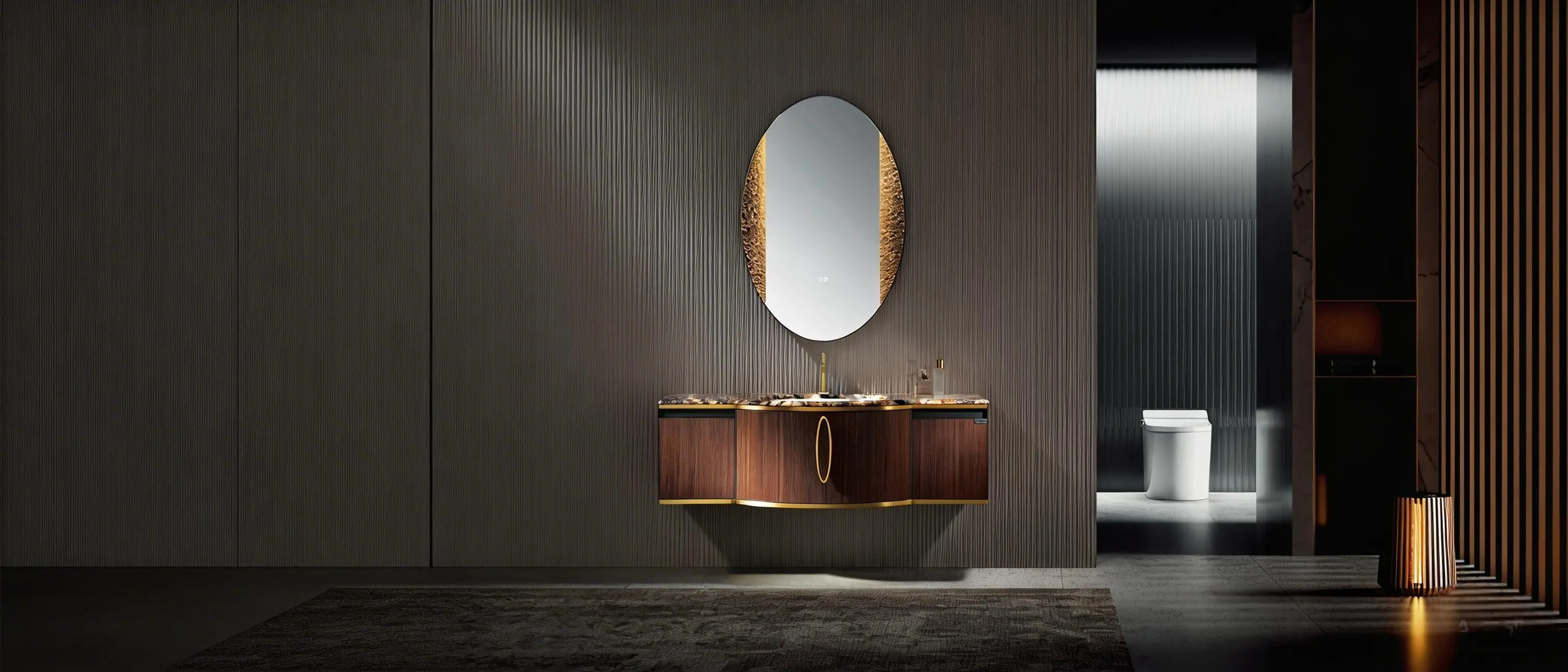 LD-5297 Modern Floating Bathroom Vanity with Walnut & Gold Open Shelf Design