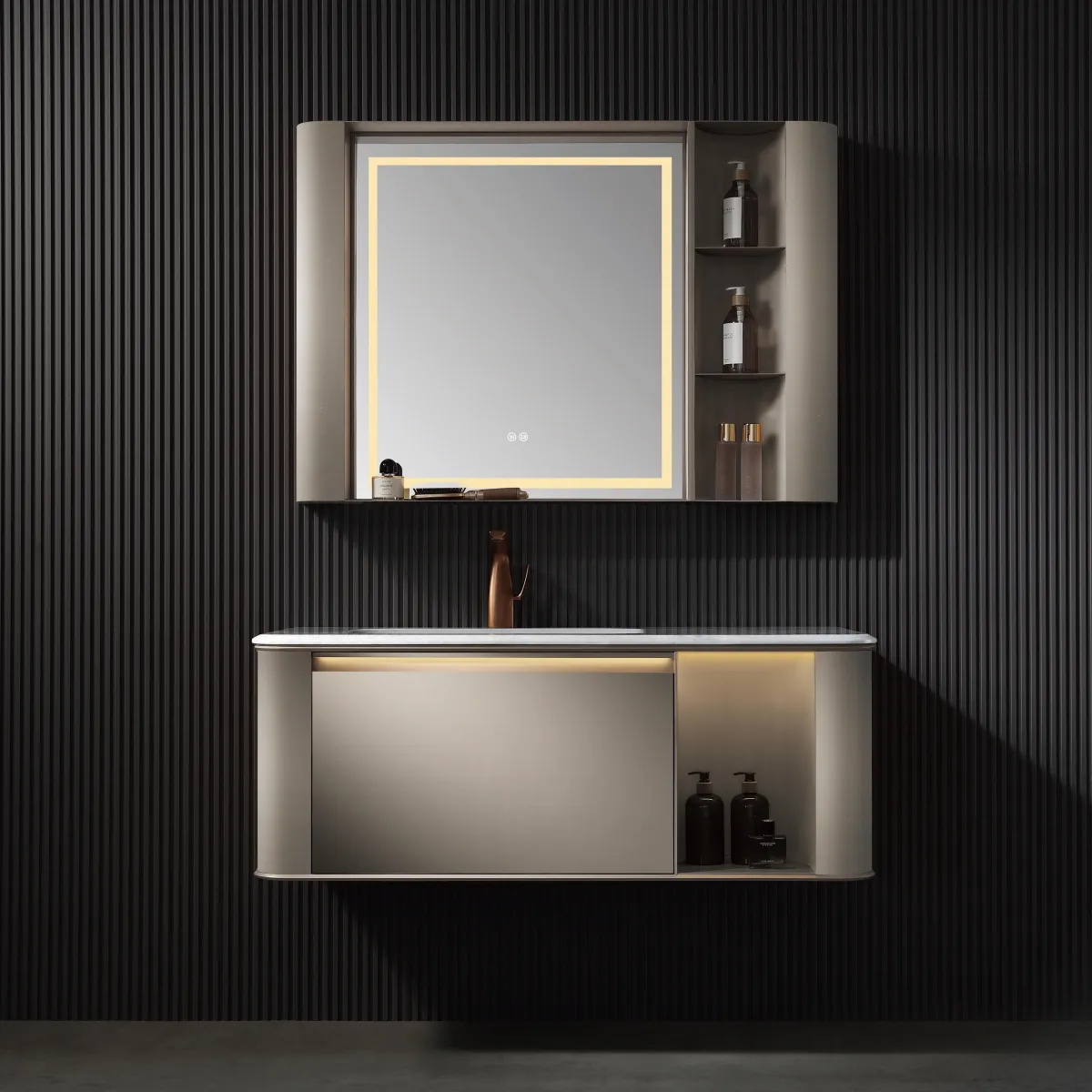 LD-5328 Modern Floating Bathroom Vanity with White Finish & LED Mirror Cabinet D