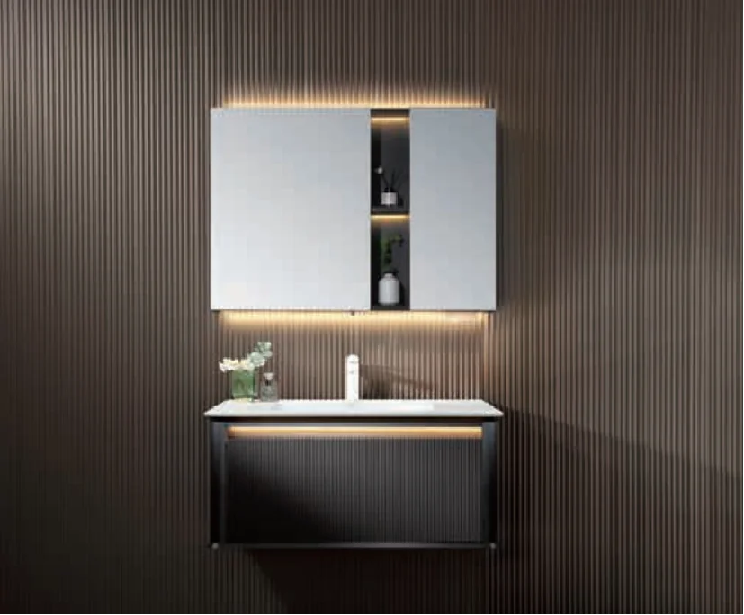 LD-5319 Modern Fluted Bathroom Vanity with Dark Finish & LED Mirror Cabinet