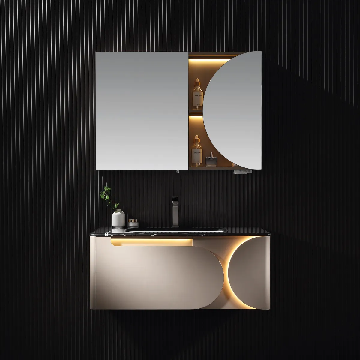 LD-5306 Modern Organic-Curve Bathroom Vanity with White Finish & Mirror Cabinet