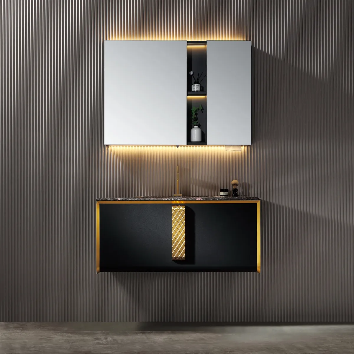 LD-5310 Modern Wall-Mounted Bathroom Vanity with Black Diamond Mesh Accent & LED
