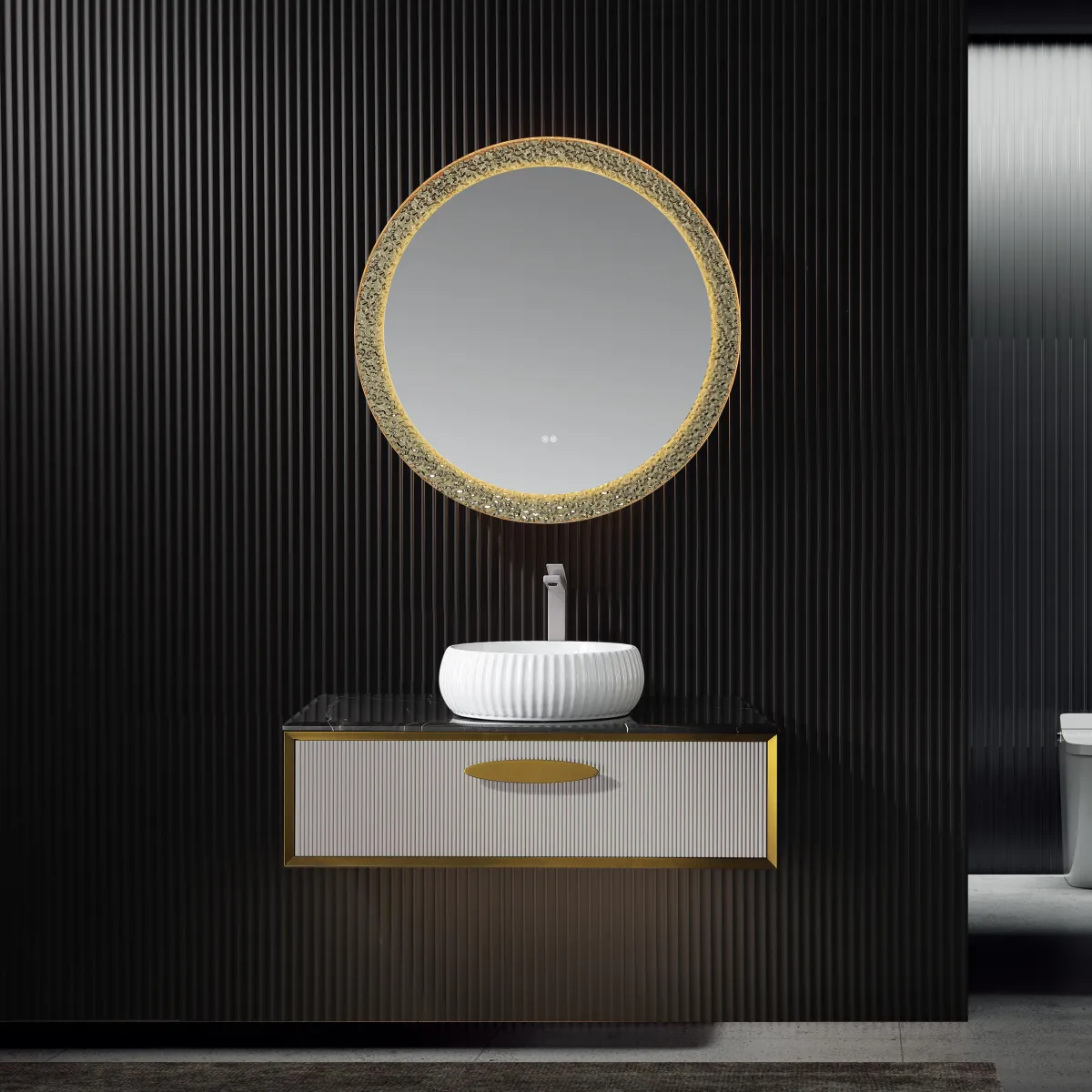 LD-5336 Modern Wall-Mounted Vanity with White & Gold Fluted Cabinet & Round LED 