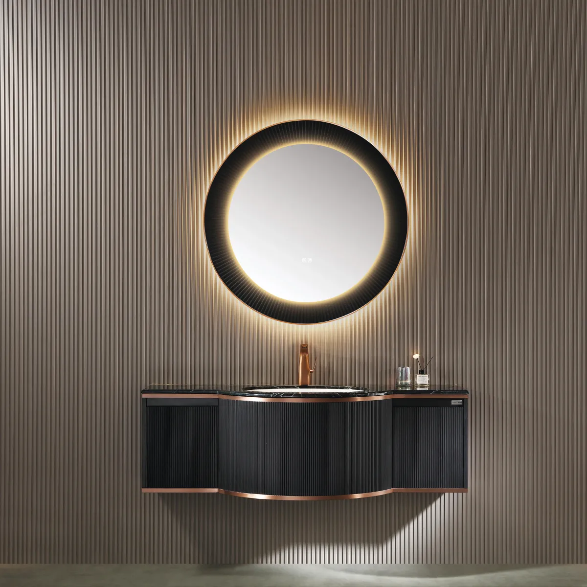 LD-5329 Wall-Mounted Bathroom Vanity with Dark Finish & Textured-Frame Round LED