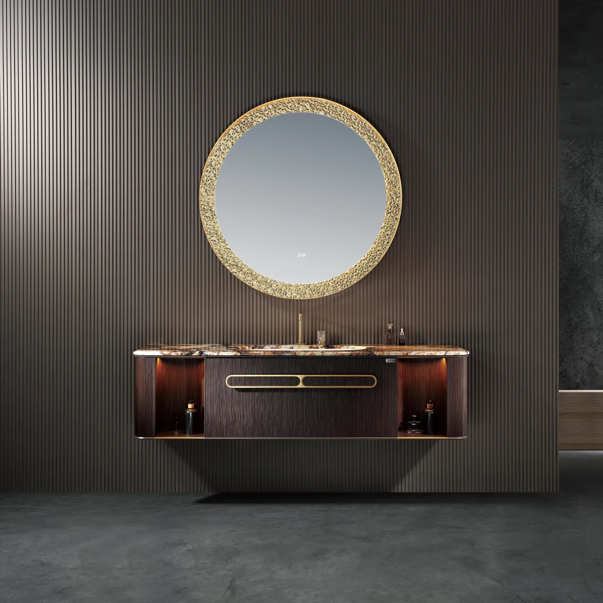 LD-5326 Wall-Mounted Bathroom Vanity with Natural Walnut & Marble Top Round LED 